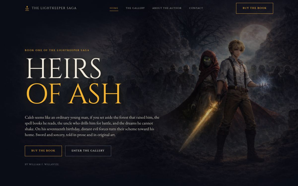Heirs of Ash, a cinematic dark-fantasy novel launch site composed by Design DNA